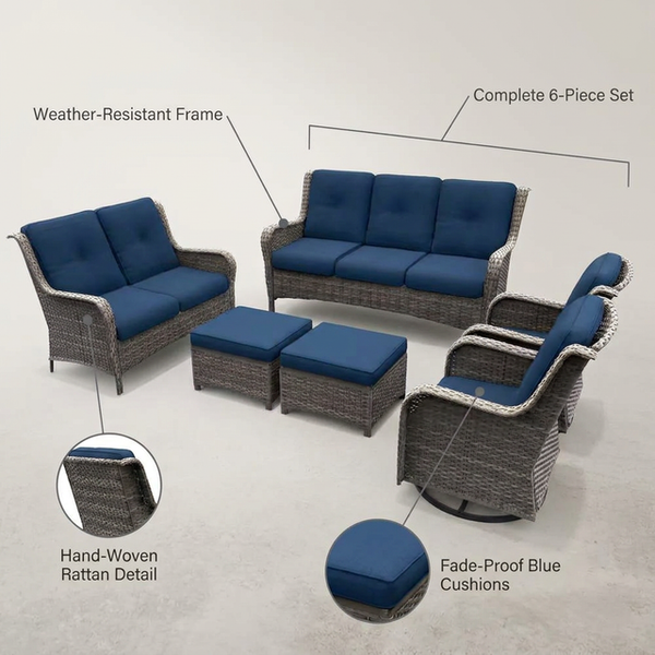 Patio Furniture Set 6-Piece Outdoor Patio Conversation Set with Blue Cushions Lawn Furniture — Lifestyle