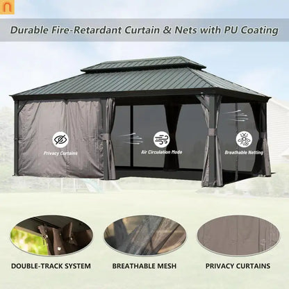 Hardtop Gazebo Aluminum Gray 12x18ft Netting Curtains
