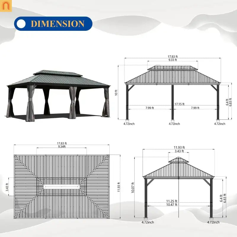 Hardtop Gazebo Aluminum Gray 12x18ft Netting Curtains