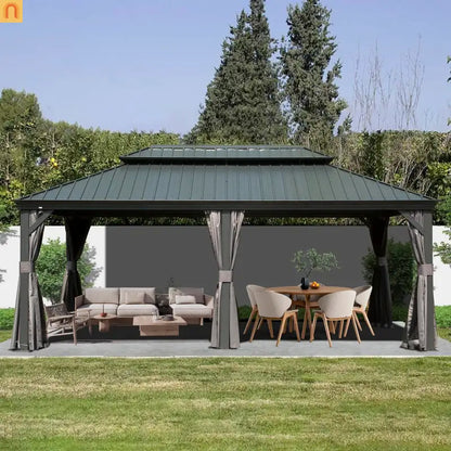 Hardtop Gazebo Aluminum Gray 12x18ft Netting Curtains