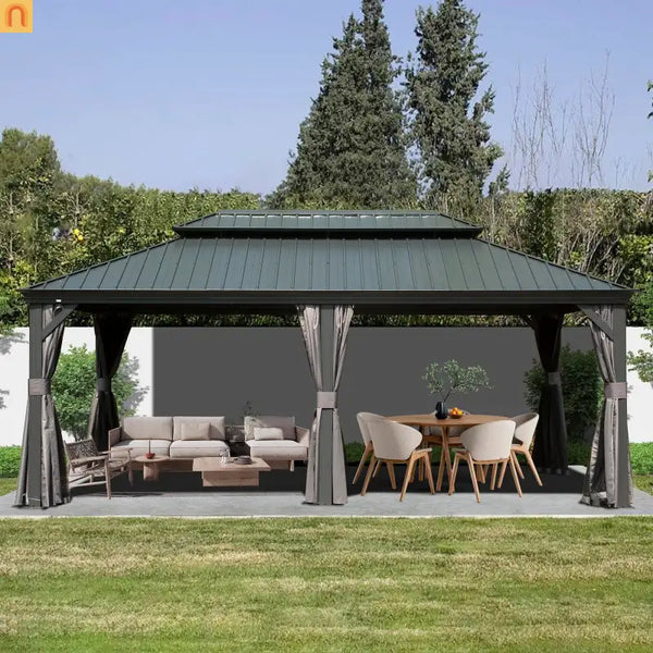 Hardtop Gazebo Aluminum Gray 12x18ft Netting Curtains