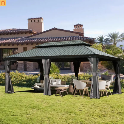 Hardtop Gazebo Aluminum Gray 12x18ft Netting Curtains