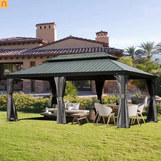 Hardtop Gazebo Aluminum Gray 12x18ft Netting Curtains