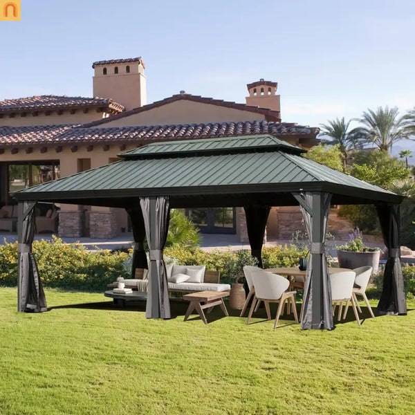 Hardtop Gazebo Aluminum Gray 12x18ft Netting Curtains