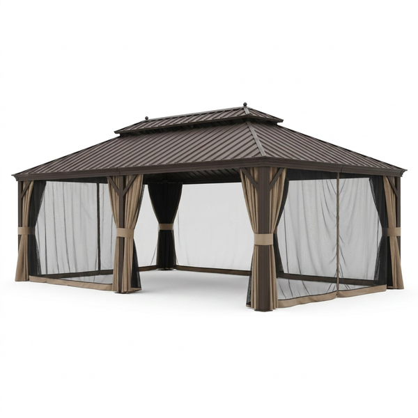 14 Ft. X 22 Ft. Double Galvanized Steel Roof Aluminum Frame Outdoor Patio Hardtop Gazeb with Netting and Curtains