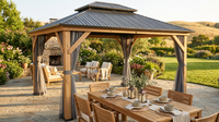 11 Ft. X 13 Ft. Double Roof Hardtop Wooden Patio Gazebo with Netting and Gray Curtains — Lifestyle